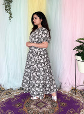 Black & White Floral Cotton Midi Dress